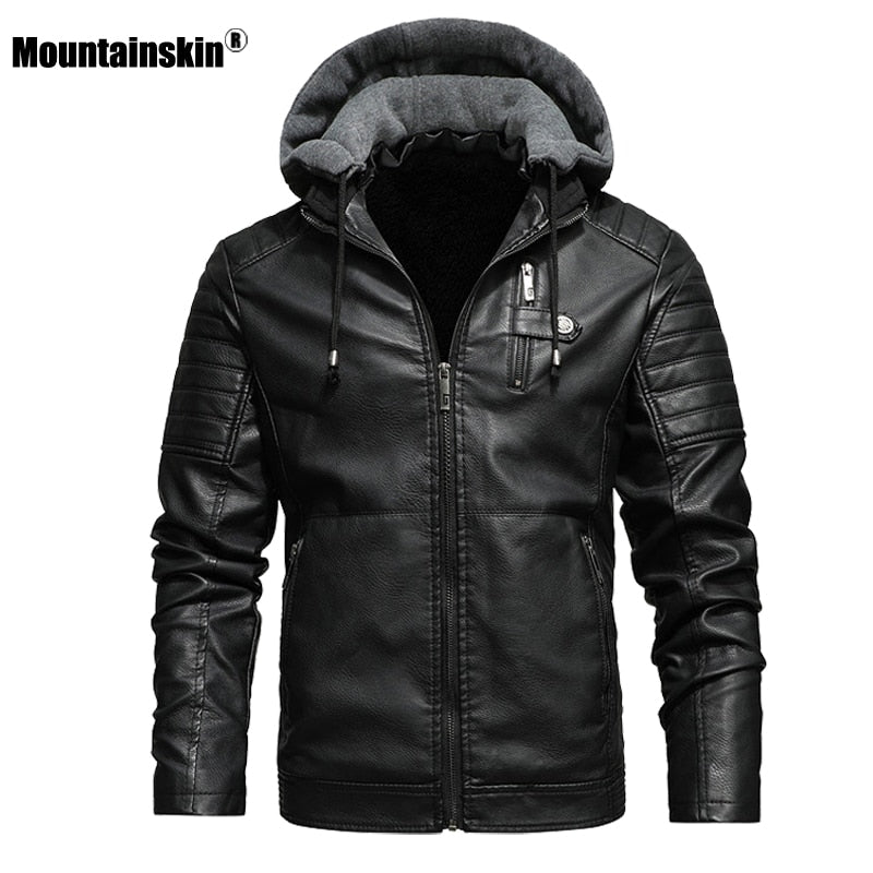 Mountainskin Men's Hooded PU Jacket. Mens Winter Autumn Thick Leather Jacket. Casual Windproof Leather Coat.