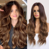 Long Ombre Brown Synthetic Wigs, Middle Part Wavy Wigs,Heat Resistant Fiber Hair Wigs.