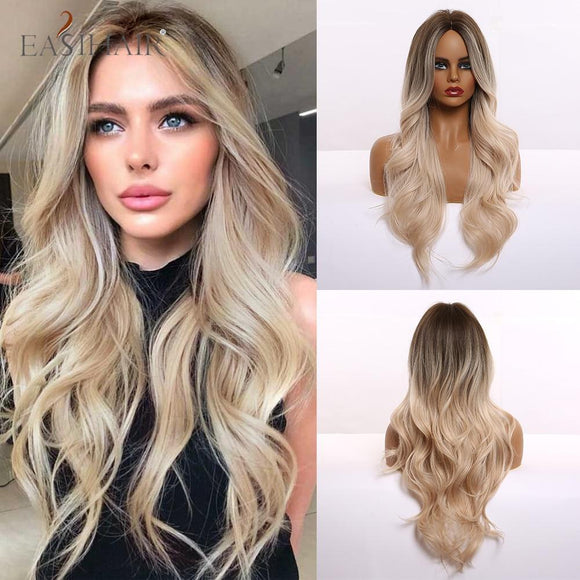 Long Light Blonde Ombre Natural Wave Style Wig.Heat Resistant Synthetic Wig, Middle Part Hair Cosplay Wigs.