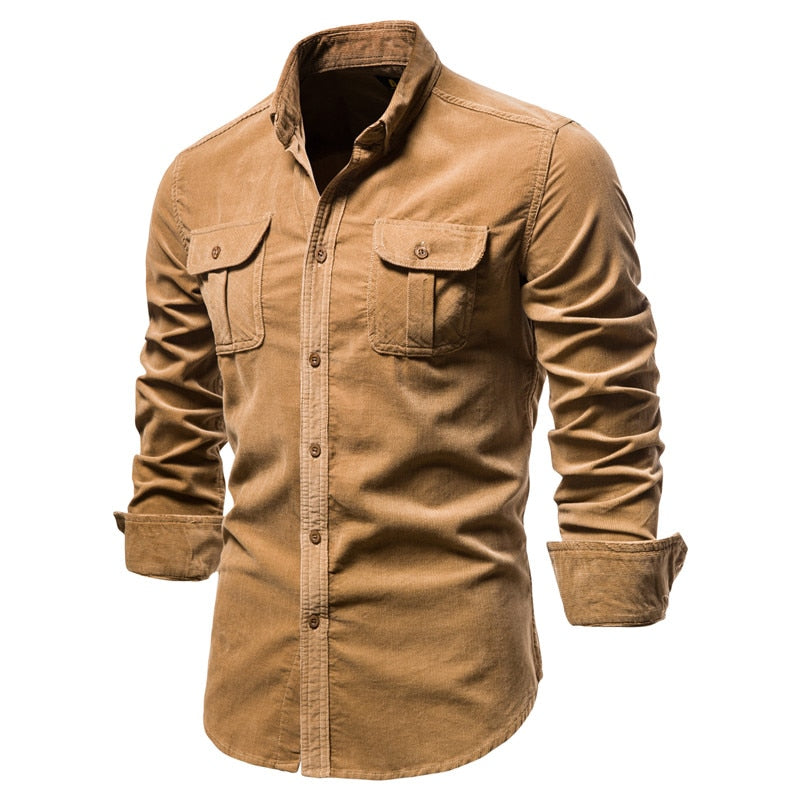 New Pocket Breasted 100% Cotton Men's Shirt. Business Casual  Solid Color Corduroy Men Shirts. Autumn Slim Shirt Men.