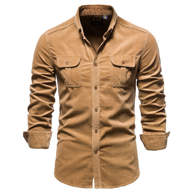 New Pocket Breasted 100% Cotton Men's Shirt. Business Casual  Solid Color Corduroy Men Shirts. Autumn Slim Shirt Men.