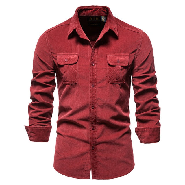 New Pocket Breasted 100% Cotton Men's Shirt. Business Casual  Solid Color Corduroy Men Shirts. Autumn Slim Shirt Men.