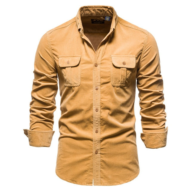 New Pocket Breasted 100% Cotton Men's Shirt. Business Casual  Solid Color Corduroy Men Shirts. Autumn Slim Shirt Men.