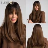 Element 18" Long Synthetic Wig with Bangs Dark Root Ombre Color Natural Headline Heat Resistant Hair Wig.