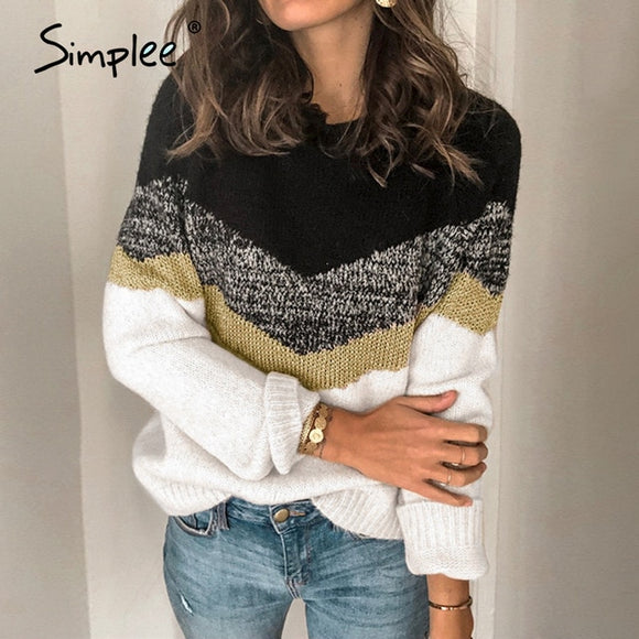 Simplee Casual stripe knitted sweater. Loose color contrast round neck Pullover style women's sweater winter 2020