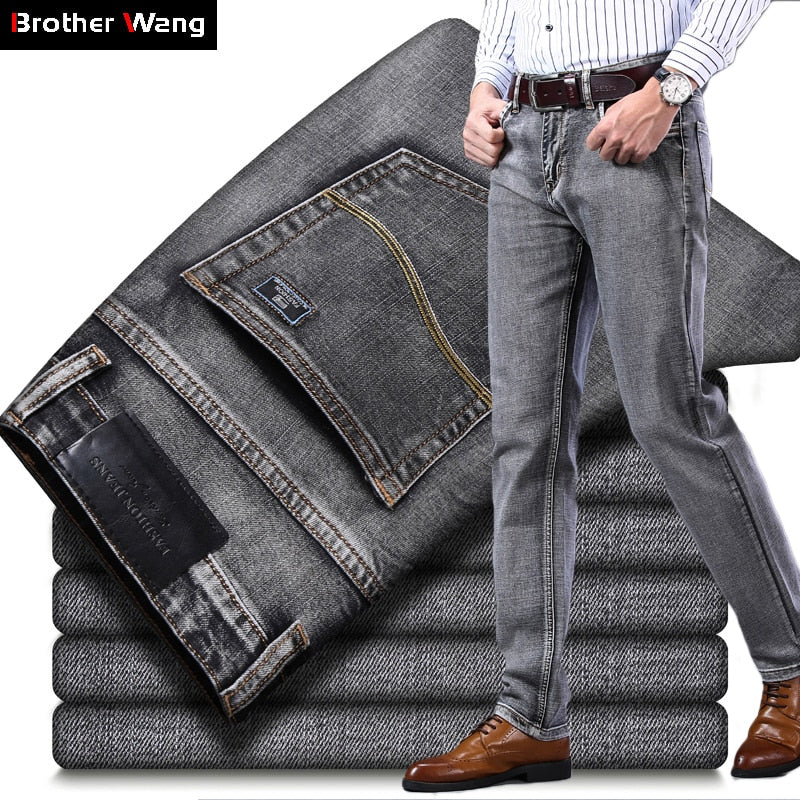 Men's Stretch Regular Fit Jeans. Business Casual Classic Style Denim Trousers Black, Blue,and Gray Pants.