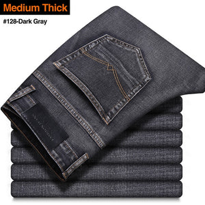 Men's Stretch Regular Fit Jeans. Business Casual Classic Style Denim Trousers Black, Blue,and Gray Pants.