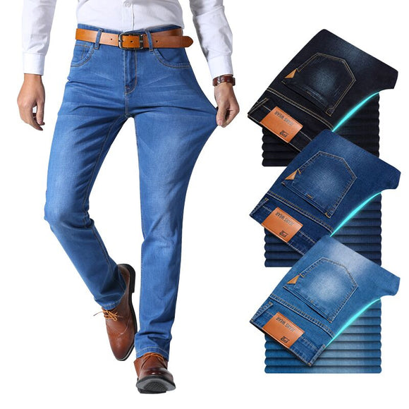 Classic style Men Brand Jeans. Business Casual Stretch Slim Denim Pants. Light Blue Black Trousers.