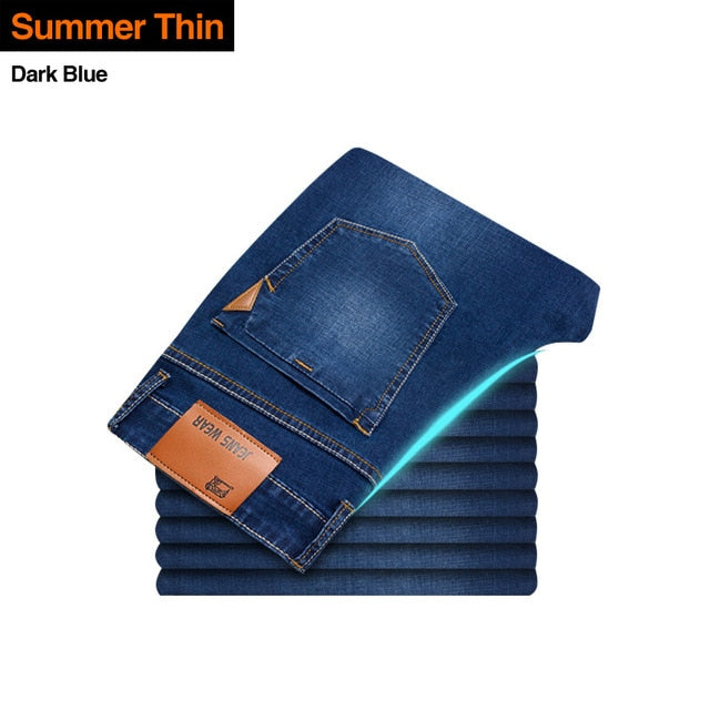 Classic style Men Brand Jeans. Business Casual Stretch Slim Denim Pants. Light Blue Black Trousers.