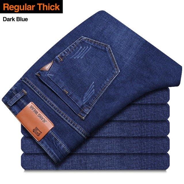 Classic style Men Brand Jeans. Business Casual Stretch Slim Denim Pants. Light Blue Black Trousers.