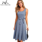 Nice-Forever New Spring Casual Plaid Sleeveless Vestidos with Sash A-Line Flare Swing Dress.