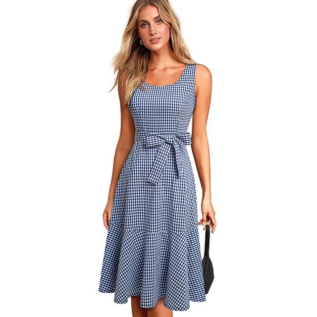 Nice-Forever New Spring Casual Plaid Sleeveless Vestidos with Sash A-Line Flare Swing Dress.