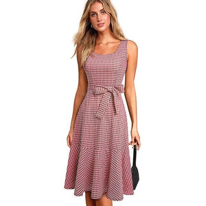 Nice-Forever New Spring Casual Plaid Sleeveless Vestidos with Sash A-Line Flare Swing Dress.