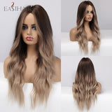 Long Ombre Brown Synthetic Wigs, Middle Part Wavy Wigs,Heat Resistant Fiber Hair Wigs.