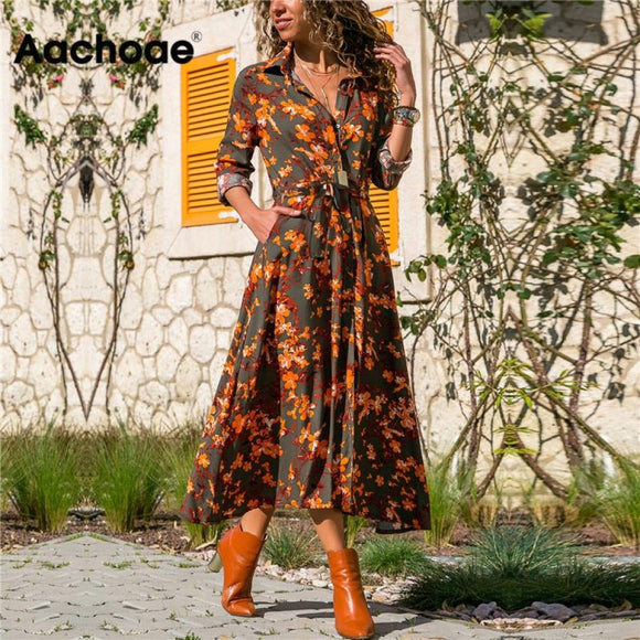 Aachoae Summer Long Dress. Floral Print Boho Dress. Long Sleeve Turn Down Collar Shirt Dress. Ladies Casual Dresses Vestidos.