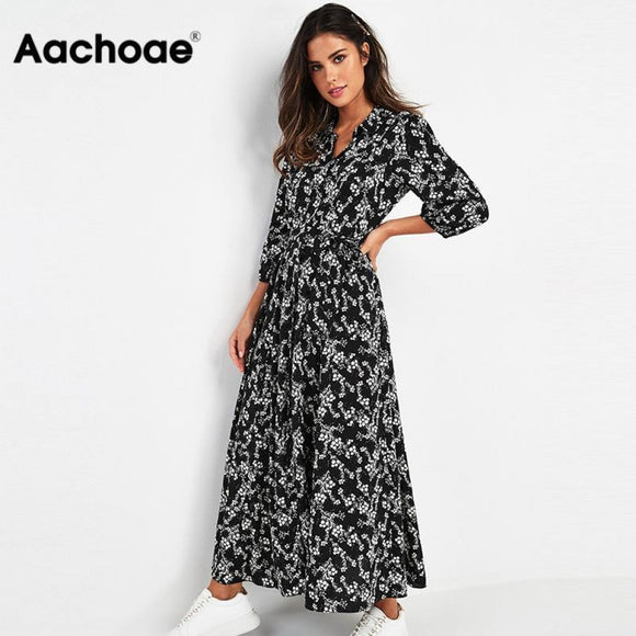 Aachoae Vintage Floral Print Maxi Dress. Boho Three Quarter Sleeve Long Dress. Turn Down Collar Casual Shirt Robe Dress.