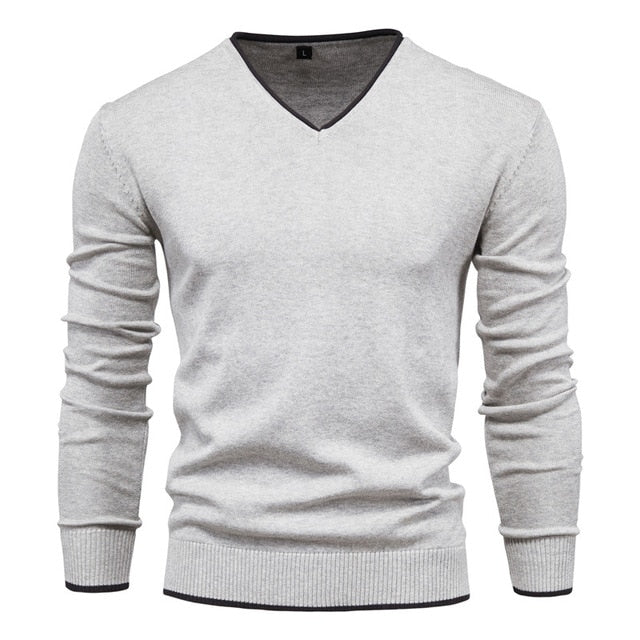 Pullover V-neck Men's Sweater 100% Cotton . Solid Color Long Sleeve Autumn Slim Sweaters .