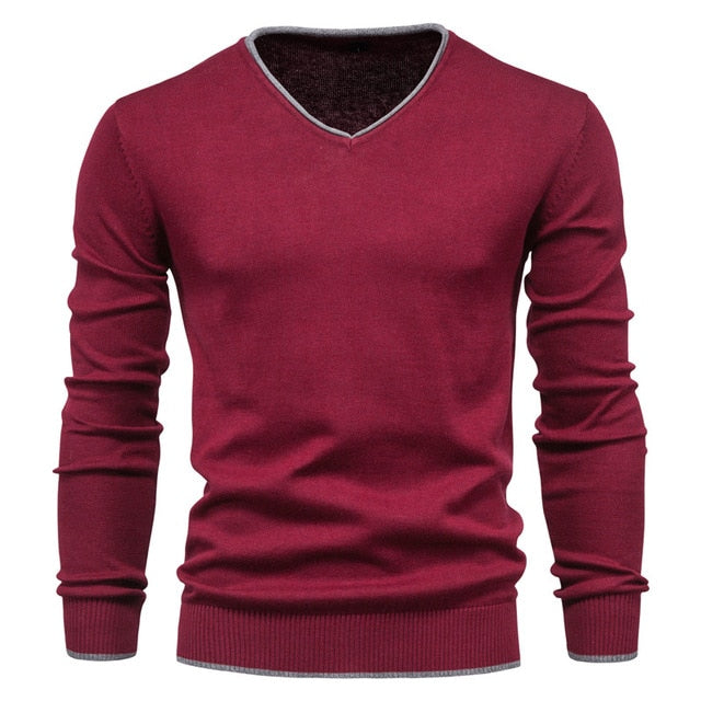 Pullover V-neck Men's Sweater 100% Cotton . Solid Color Long Sleeve Autumn Slim Sweaters .