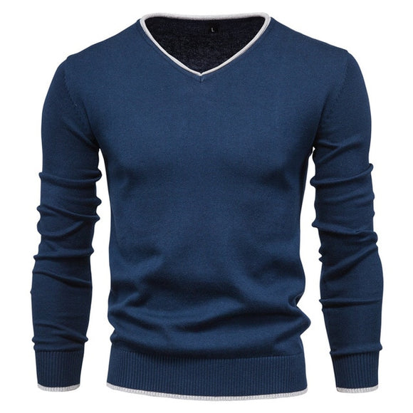 Pullover V-neck Men's Sweater 100% Cotton . Solid Color Long Sleeve Autumn Slim Sweaters .