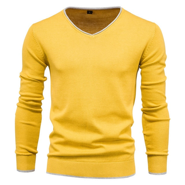 Pullover V-neck Men's Sweater 100% Cotton . Solid Color Long Sleeve Autumn Slim Sweaters .