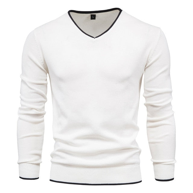 Pullover V-neck Men's Sweater 100% Cotton . Solid Color Long Sleeve Autumn Slim Sweaters .