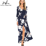 Nice-forever Bohemian Causal Printed Flower  V neck High Split vestidos. Maxi Women Flare Summer Beach Dress.